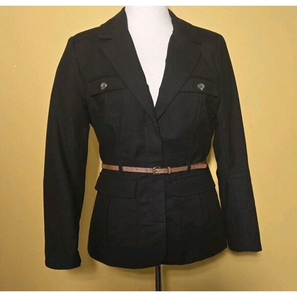 H&M Button Front Belted Black Lined Jacket Womens 12 Pockets Military Cotton Lar - Picture 10 of 10